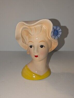 Vintage Brinn's Lady Head Vase with Yellow Dress and Blue Flower 5 Inches Tall